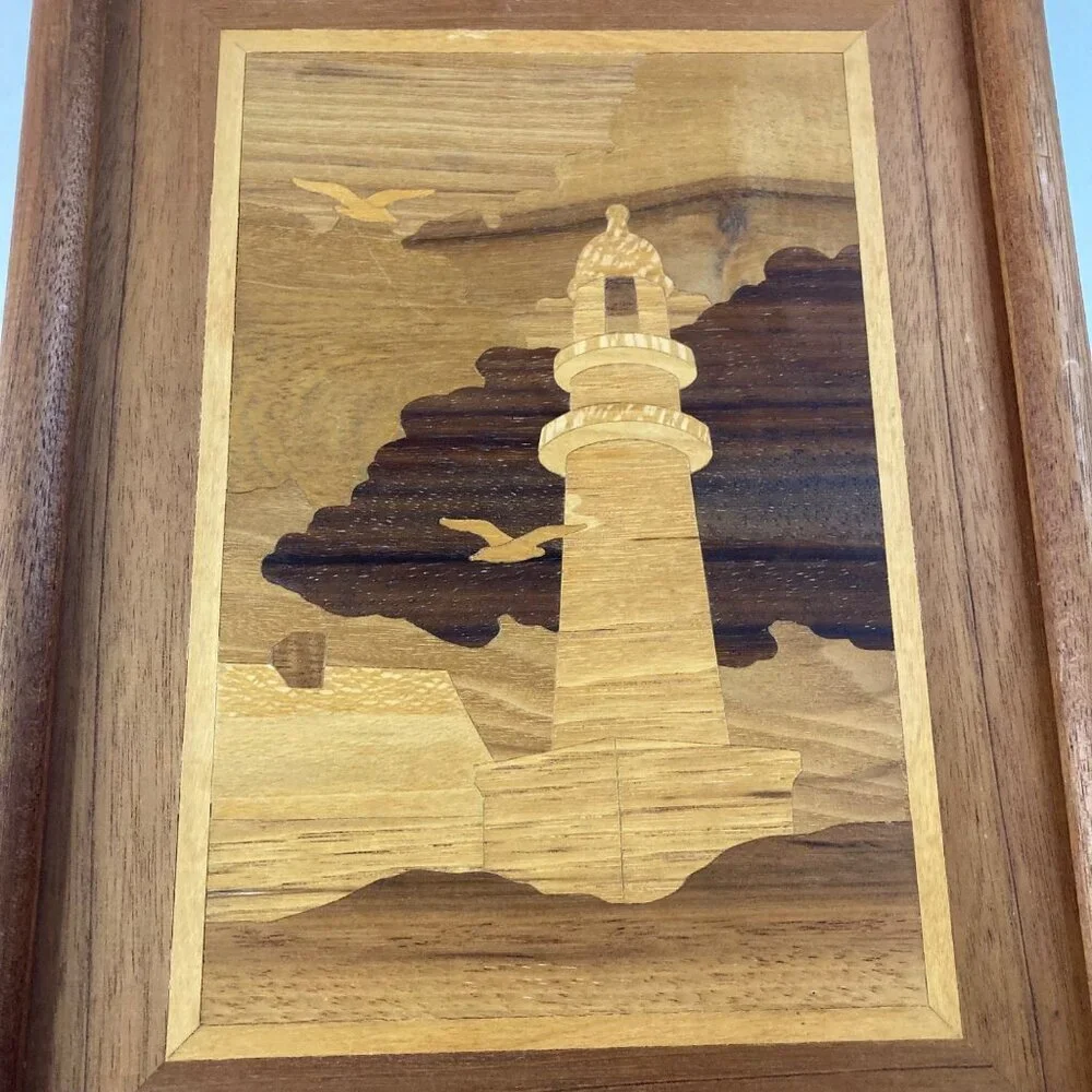 MCM Vintage Framed Marquetry Wood‎ Inlay Wall Hanging Lighthouse 10 x 13